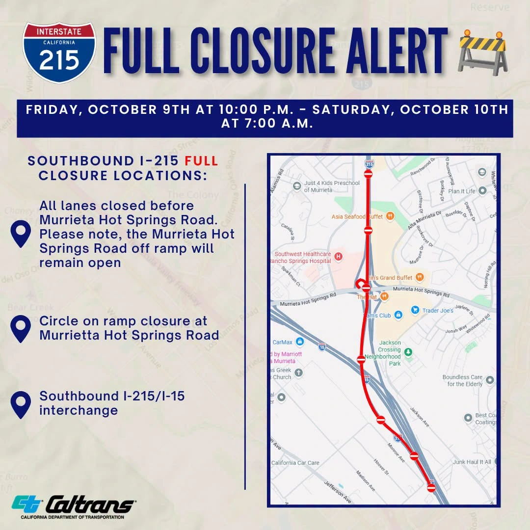 Southbound I-215 Full Closure Alert - October 9 through October 10